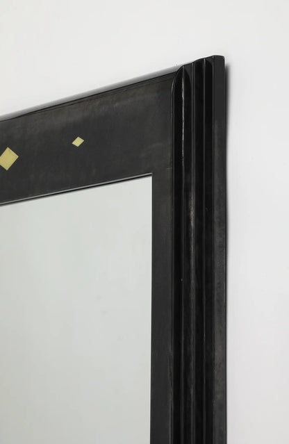 Karl Springer Style Black Goat Skin Wall Mirror with Gold Leaf Accents