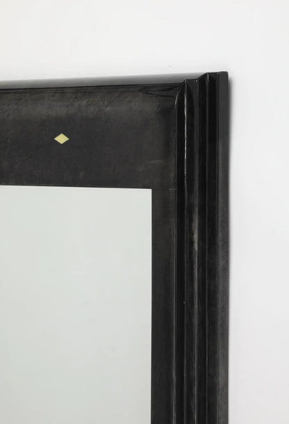 Karl Springer Style Black Goat Skin Wall Mirror with Gold Leaf Accents