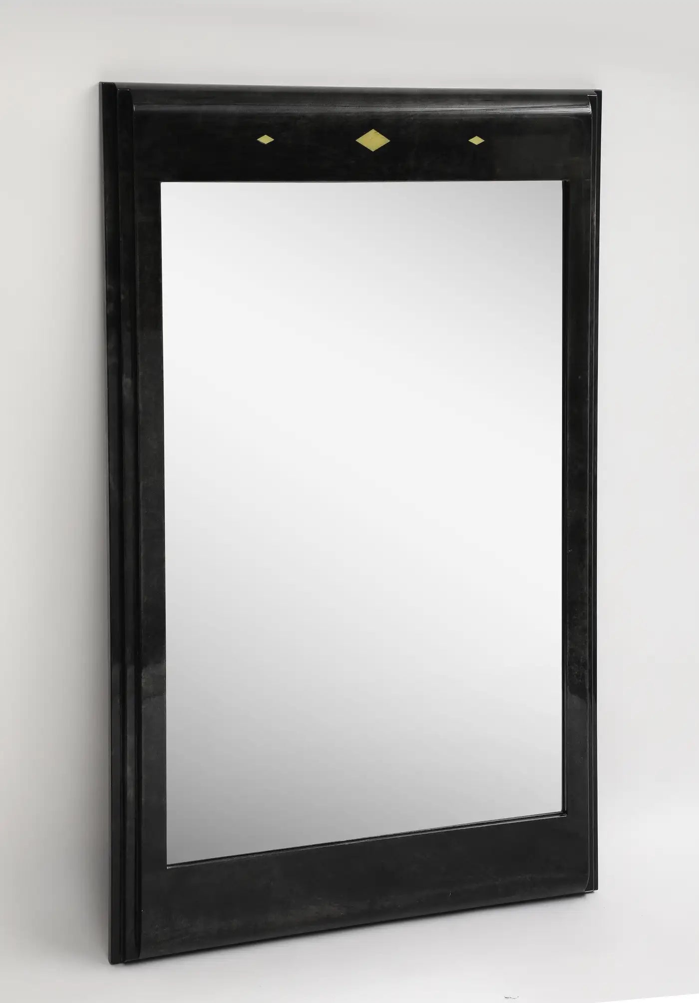 Karl Springer Style Black Goat Skin Wall Mirror with Gold Leaf Accents