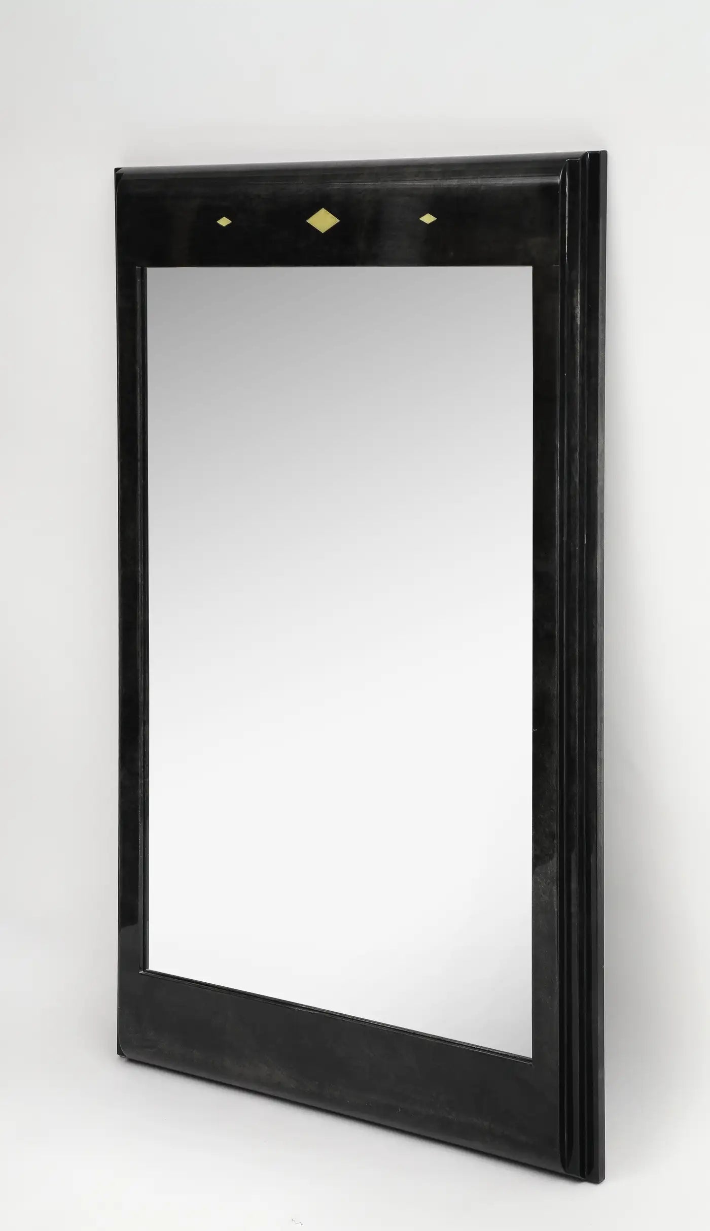 Karl Springer Style Black Goat Skin Wall Mirror with Gold Leaf Accents