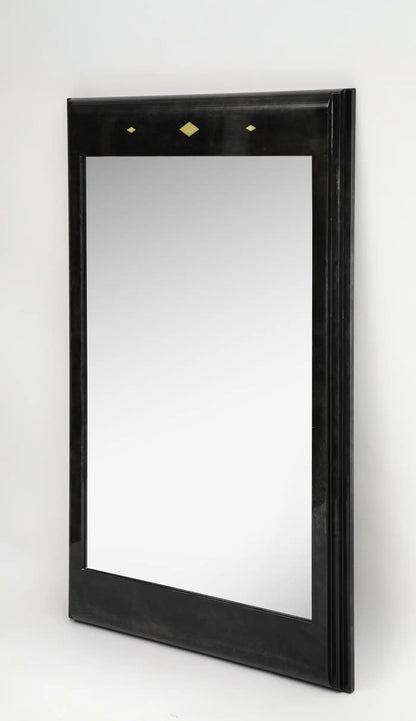 Karl Springer Style Black Goat Skin Wall Mirror with Gold Leaf Accents