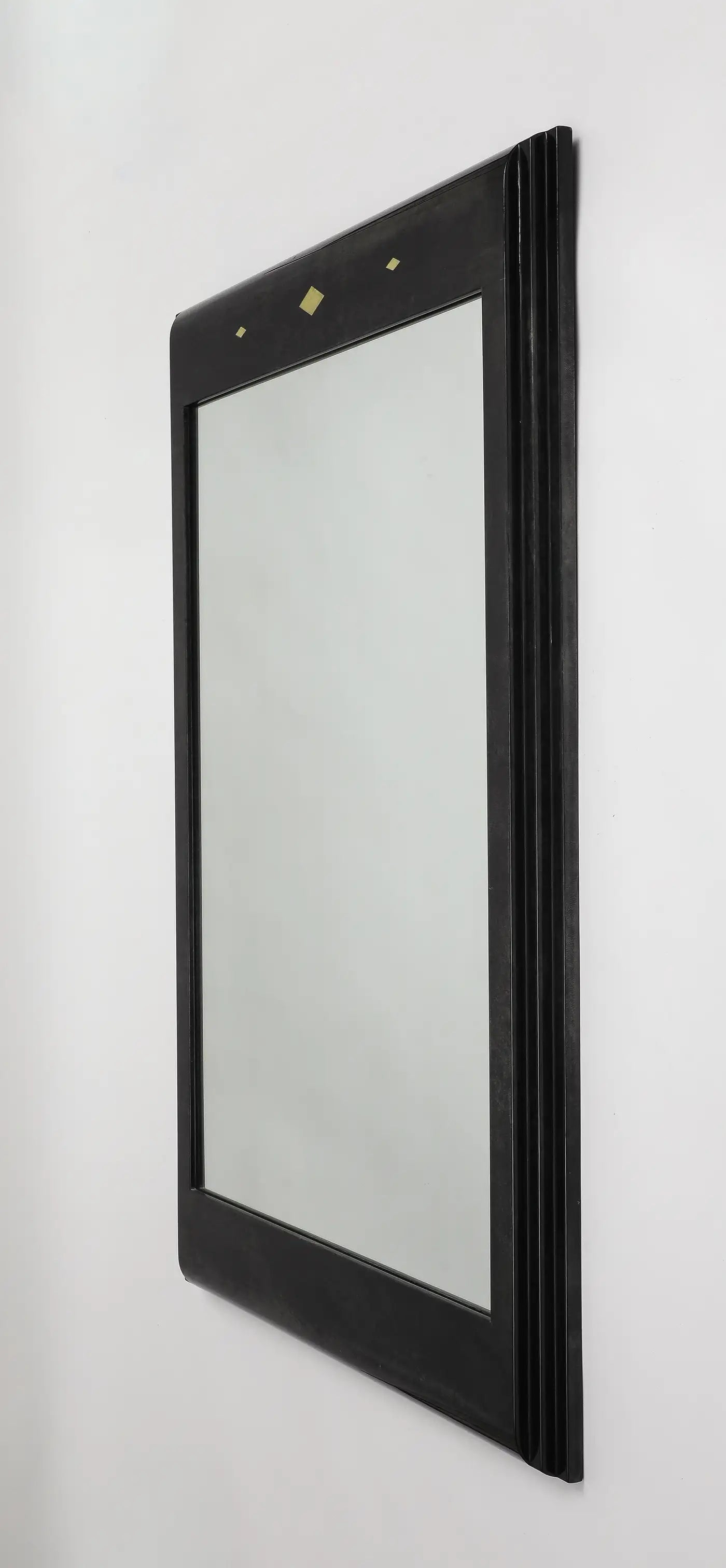 Karl Springer Style Black Goat Skin Wall Mirror with Gold Leaf Accents