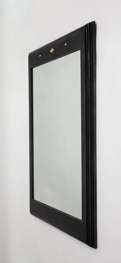 Karl Springer Style Black Goat Skin Wall Mirror with Gold Leaf Accents