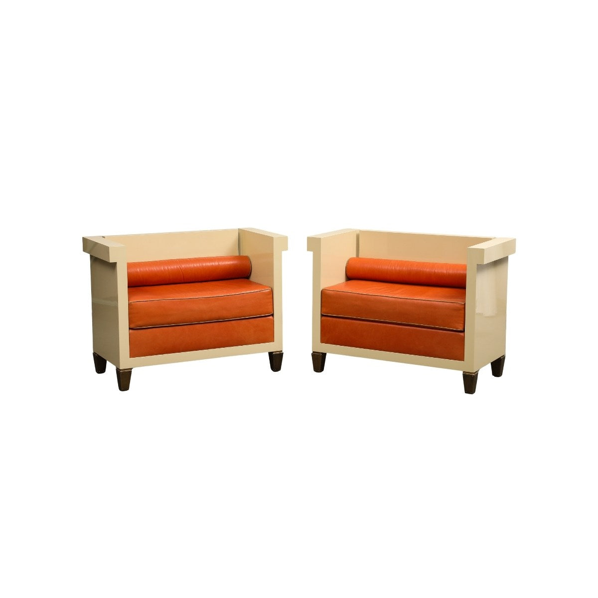 Pair of Jean Michel Frank Style Cream Lacquered Benches With Orange Leather Cushions