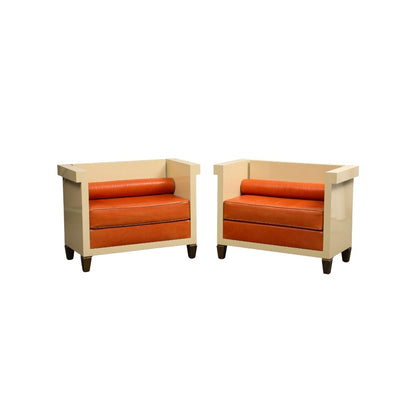 Pair of Jean Michel Frank Style Cream Lacquered Benches With Orange Leather Cushions