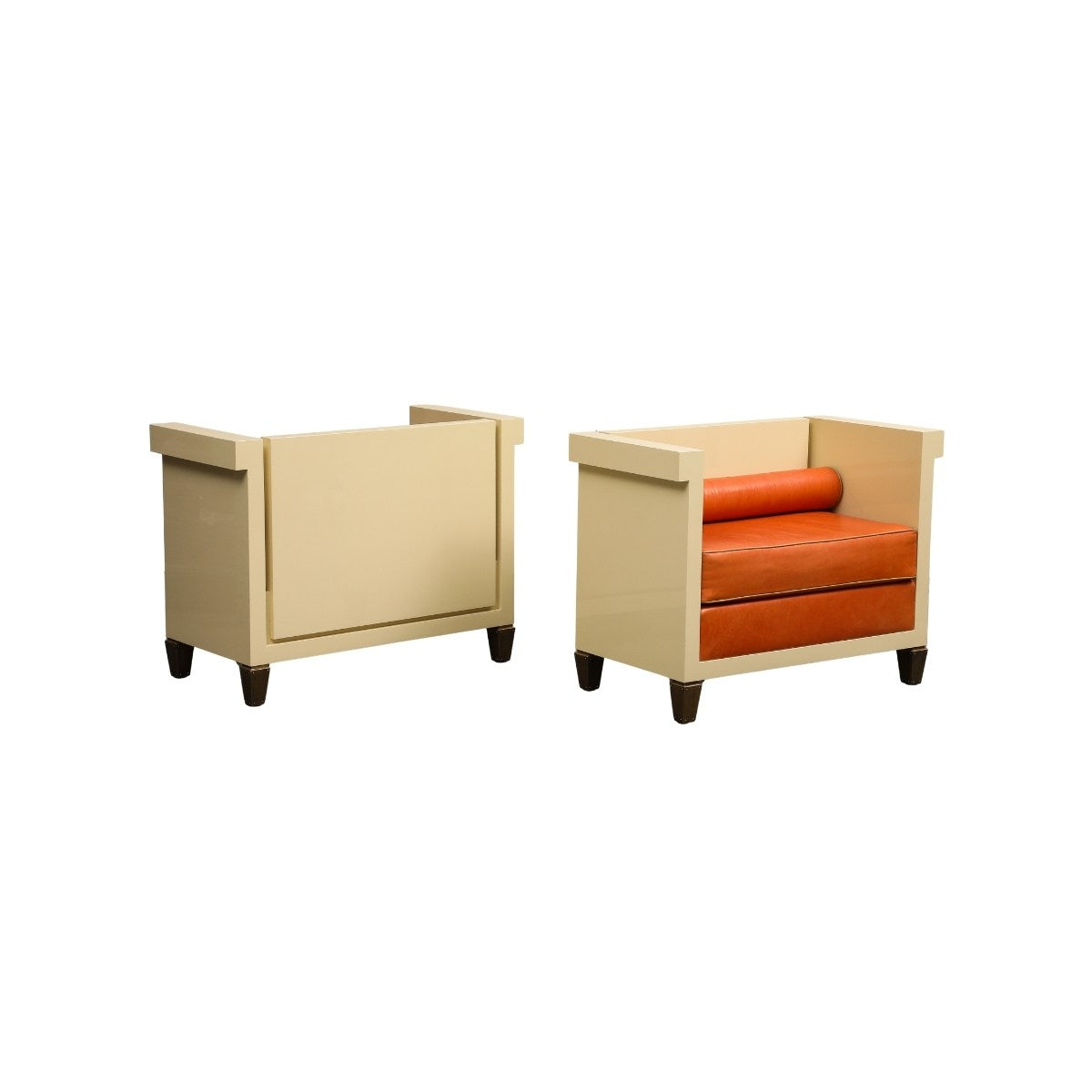 Pair of Jean Michel Frank Style Cream Lacquered Benches With Orange Leather Cushions