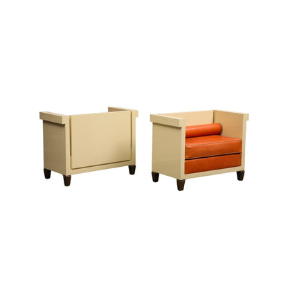 Pair of Jean Michel Frank Style Cream Lacquered Benches With Orange Leather Cushions