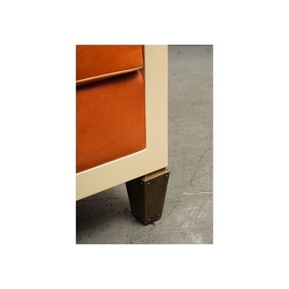 Pair of Jean Michel Frank Style Cream Lacquered Benches With Orange Leather Cushions