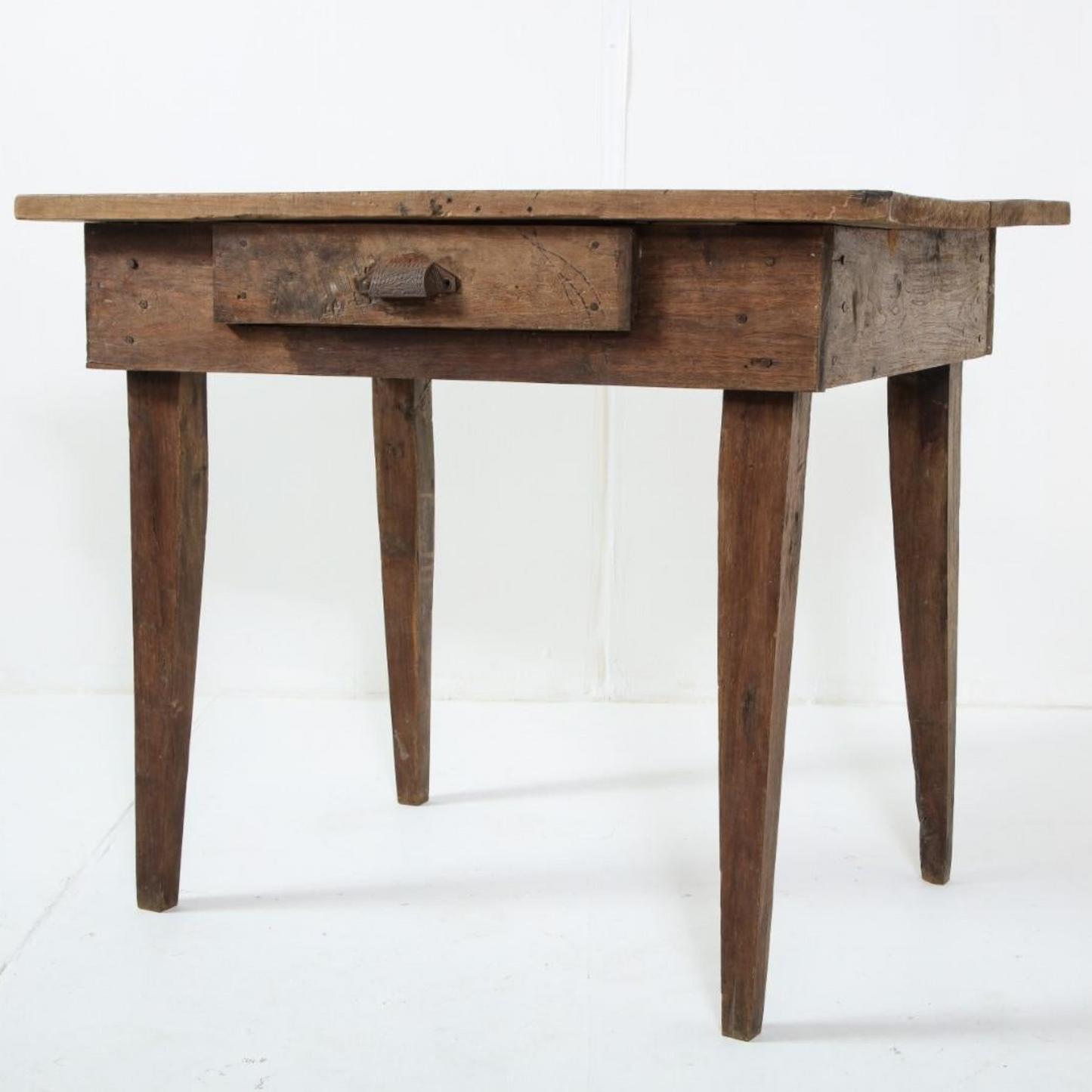 Late 19th C. Rustic Oak Side Table with Drawer