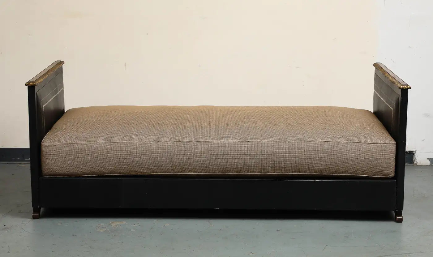 Maison Jansen Black Leather Daybed with Gilded Foliate Design