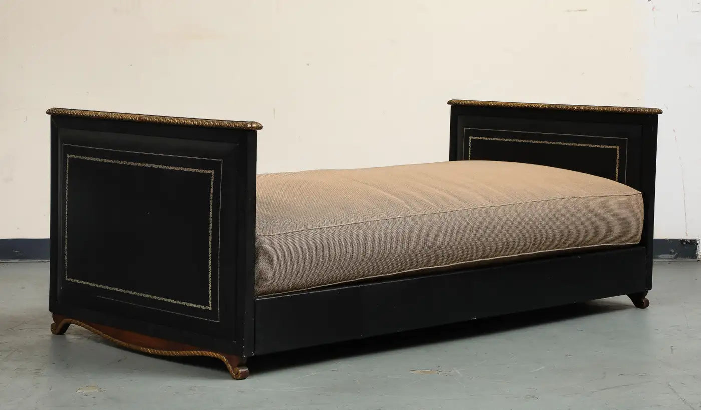 Maison Jansen Black Leather Daybed with Gilded Foliate Design
