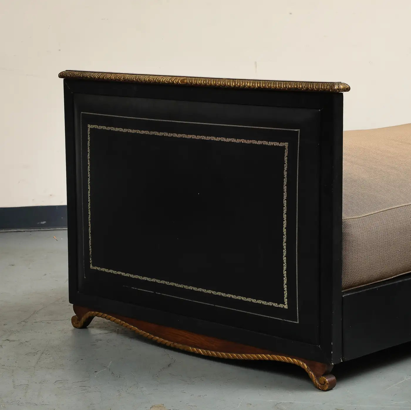 Maison Jansen Black Leather Daybed with Gilded Foliate Design