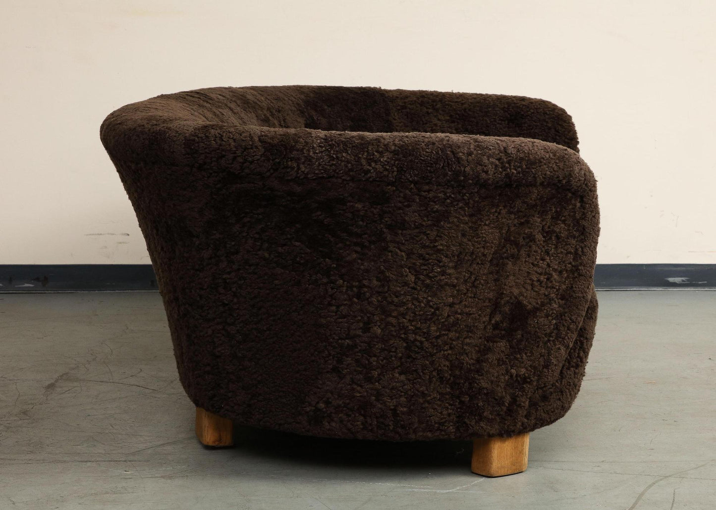 Mid-Century Danish Brown Shearling Curved Sofa, Attributed to Flemming Lassen