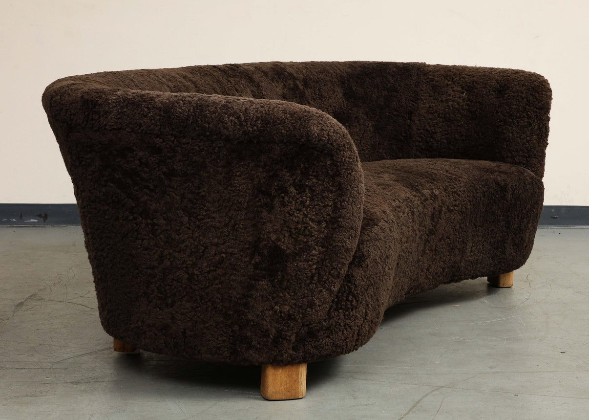 MidCentury Danish Brown Shearling Curved Sofa, Attributed to Flemming