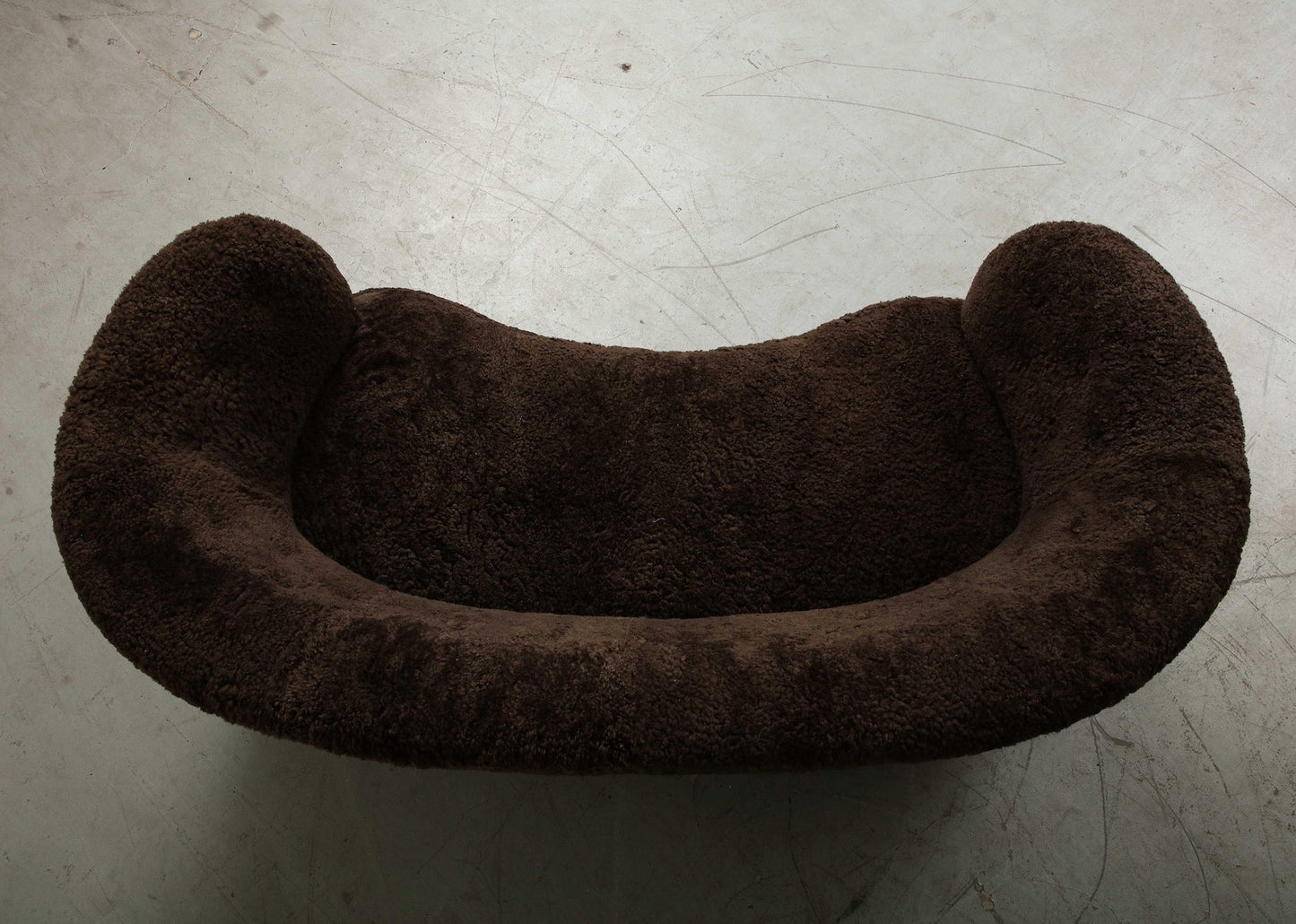 Mid-Century Danish Brown Shearling Curved Sofa, Attributed to Flemming Lassen