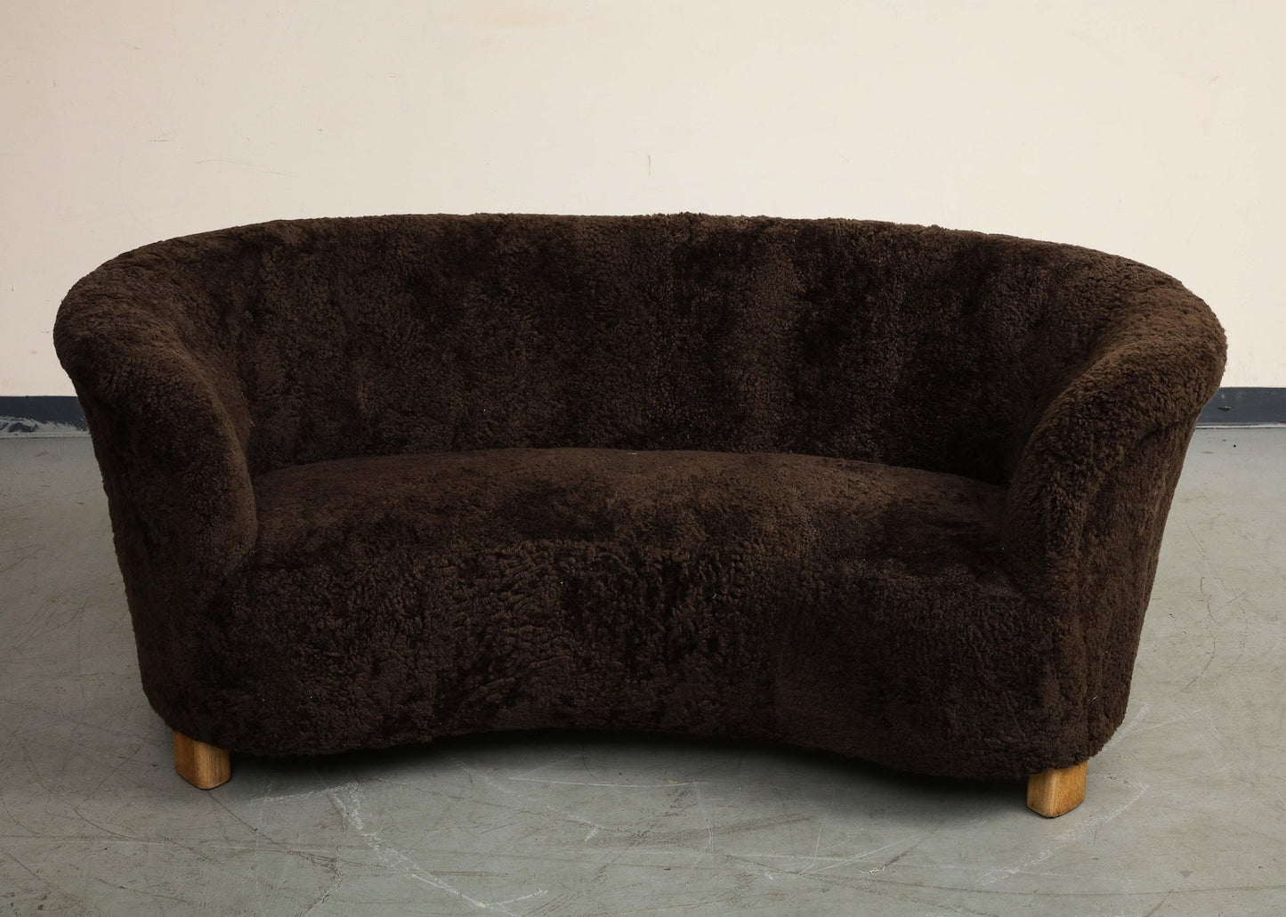 Mid-Century Danish Brown Shearling Curved Sofa, Attributed to Flemming Lassen