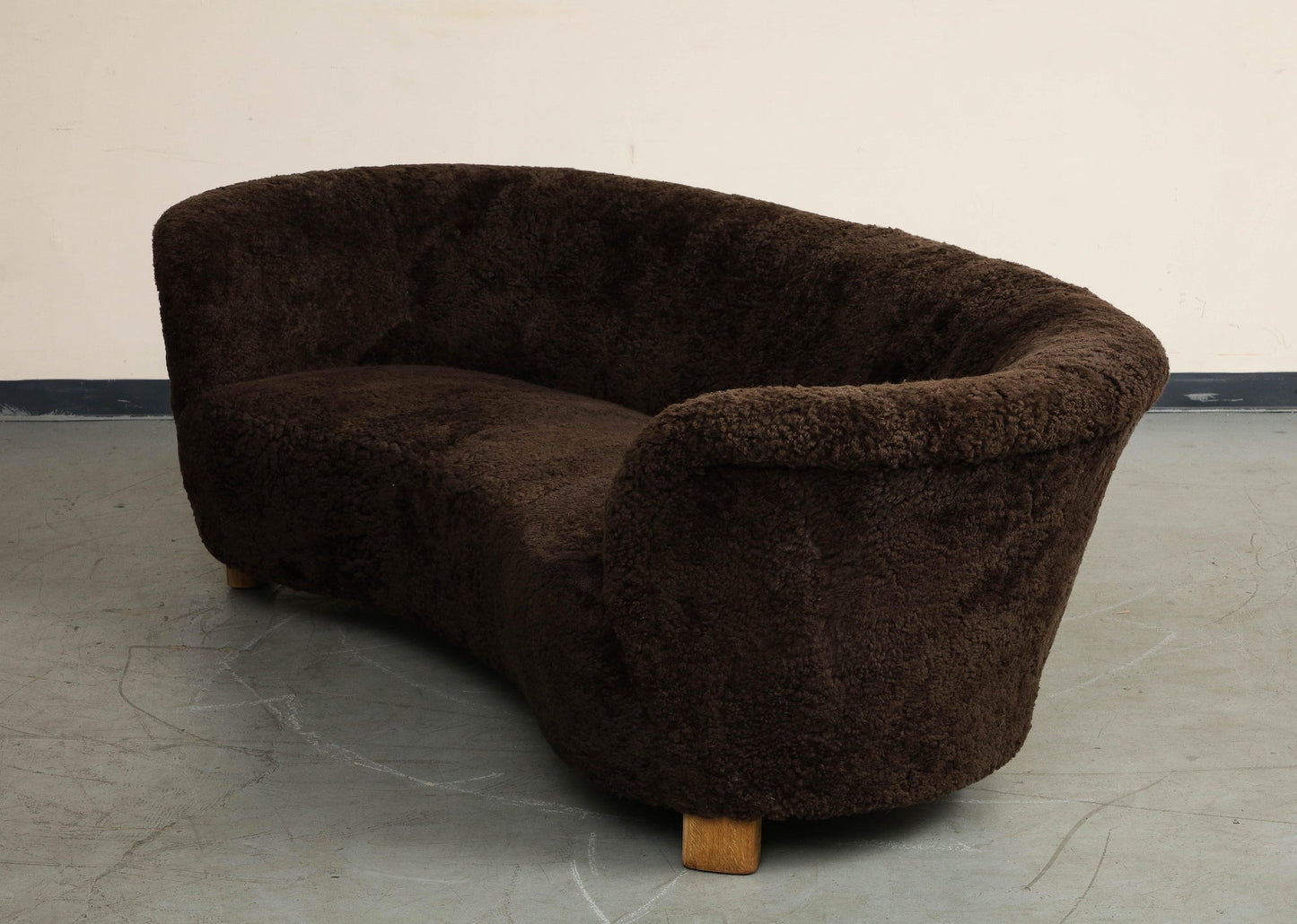 Mid-Century Danish Brown Shearling Curved Sofa, Attributed to Flemming Lassen