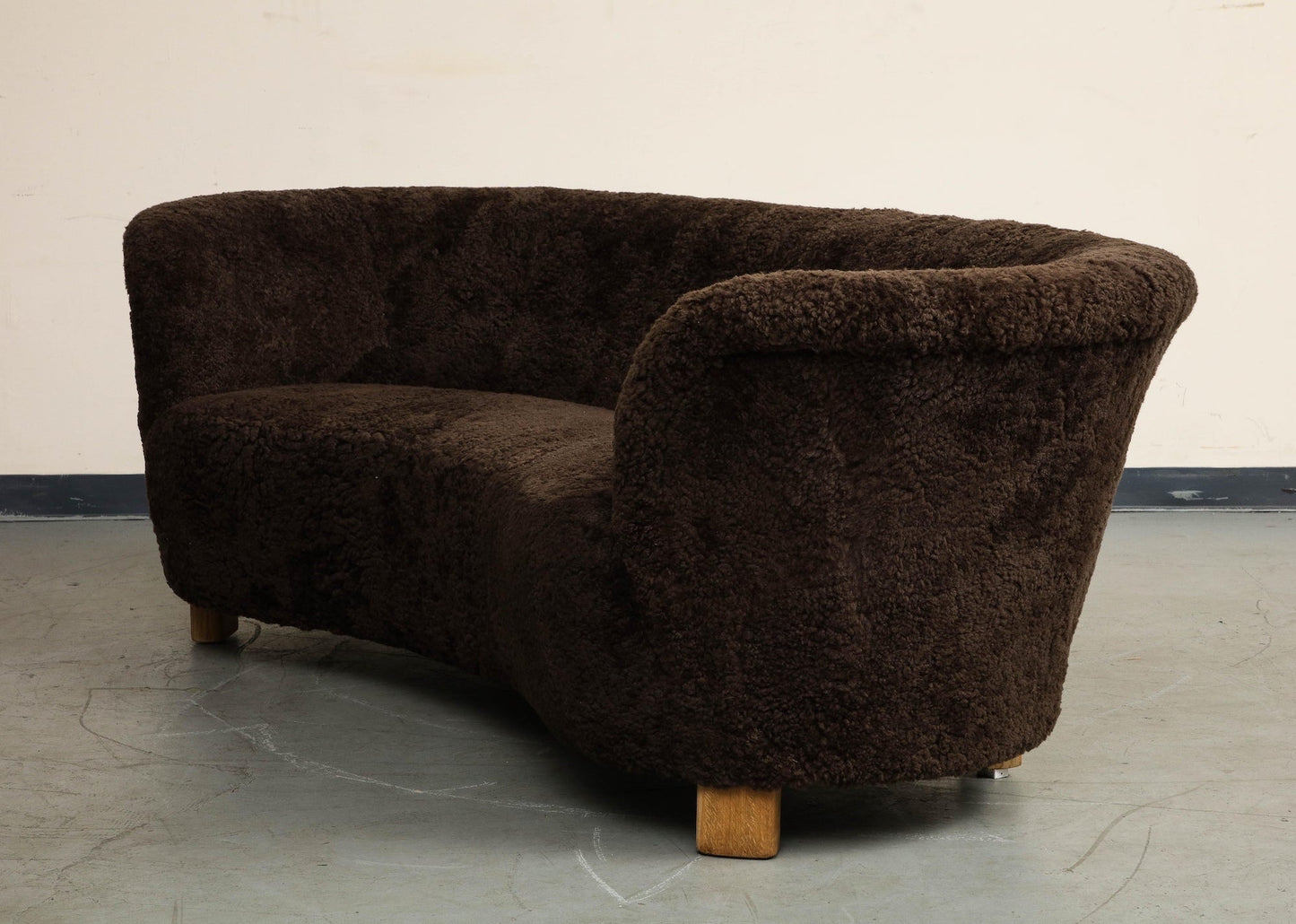 Mid-Century Danish Brown Shearling Curved Sofa, Attributed to Flemming Lassen