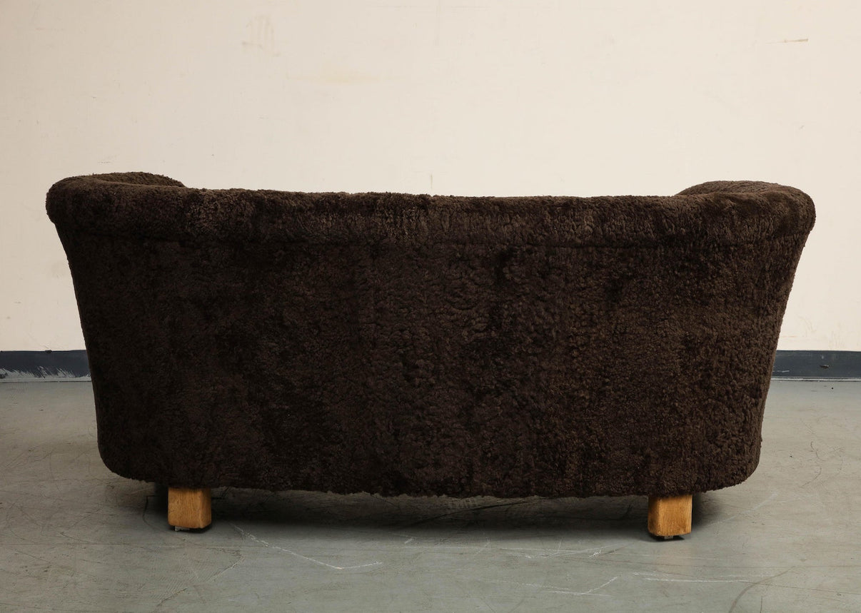MidCentury Danish Brown Shearling Curved Sofa, Attributed to Flemming