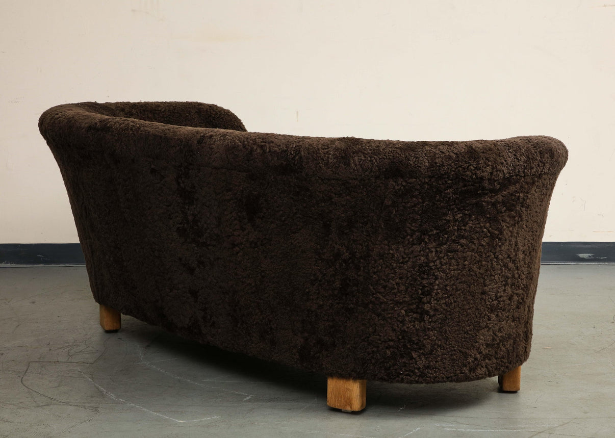 MidCentury Danish Brown Shearling Curved Sofa, Attributed to Flemming