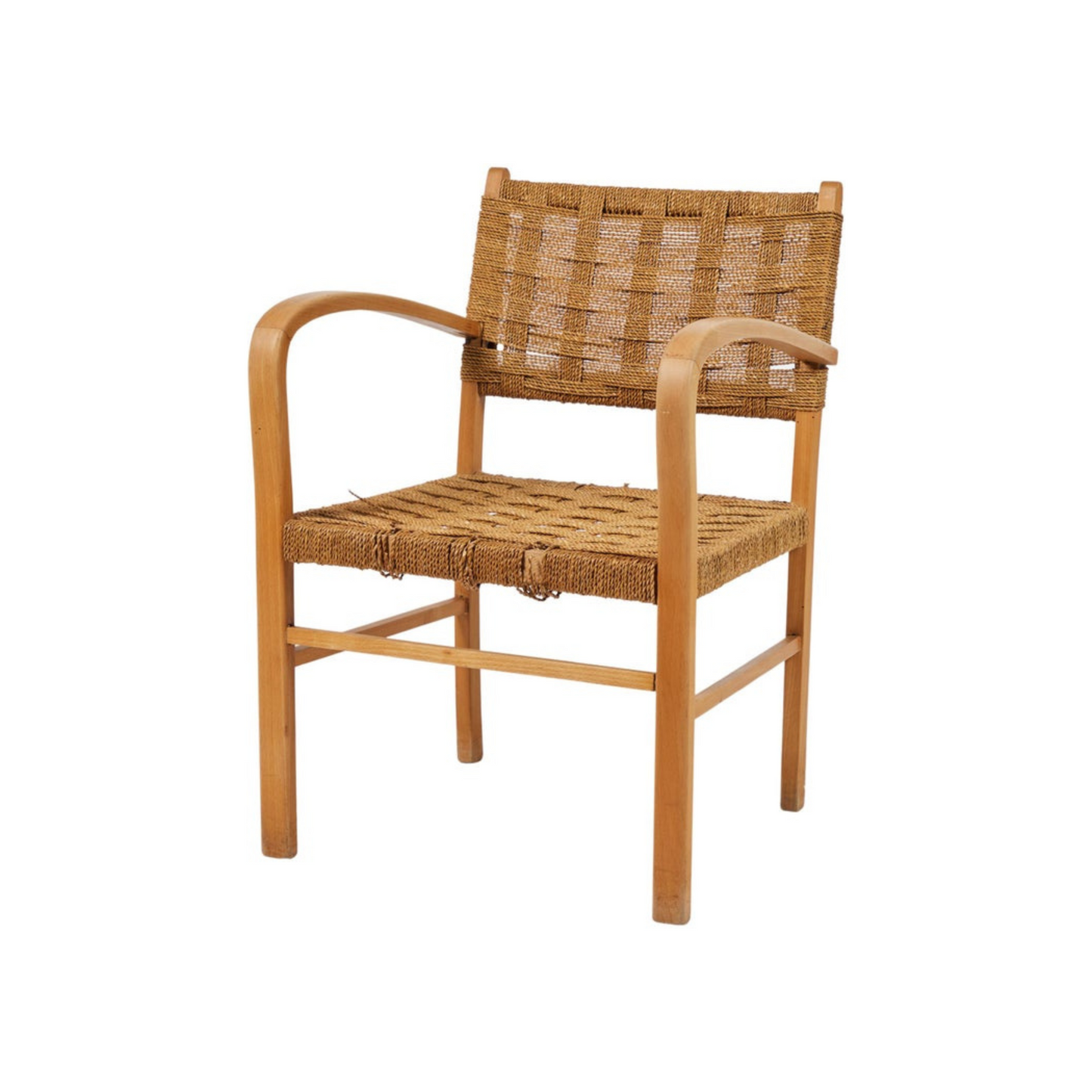 Mid-Century French Oak & Rope Woven Arm Chair