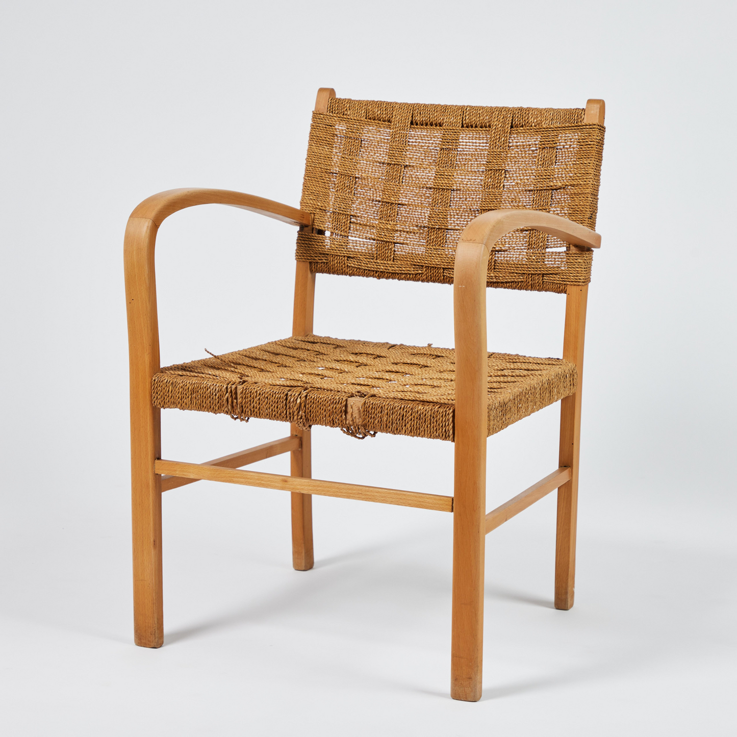 Mid-Century French Oak & Rope Woven Arm Chair