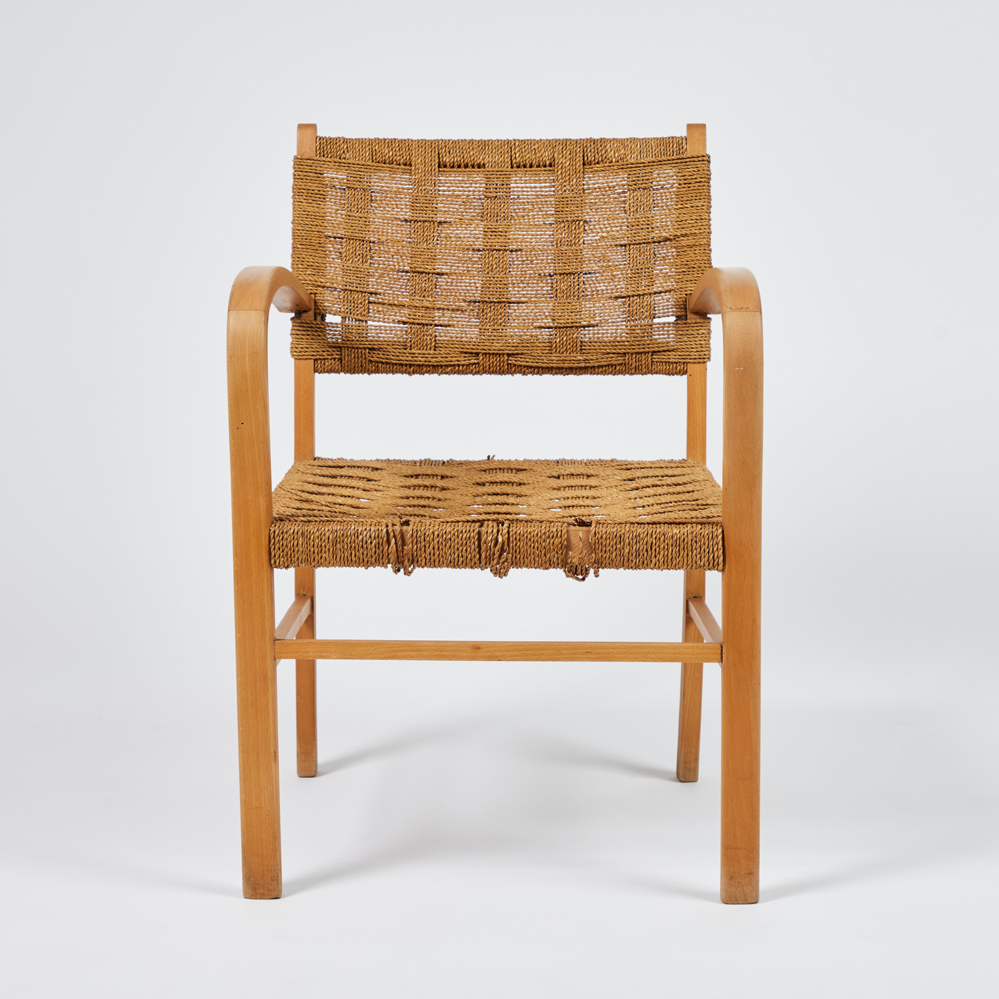 Mid-Century French Oak & Rope Woven Arm Chair