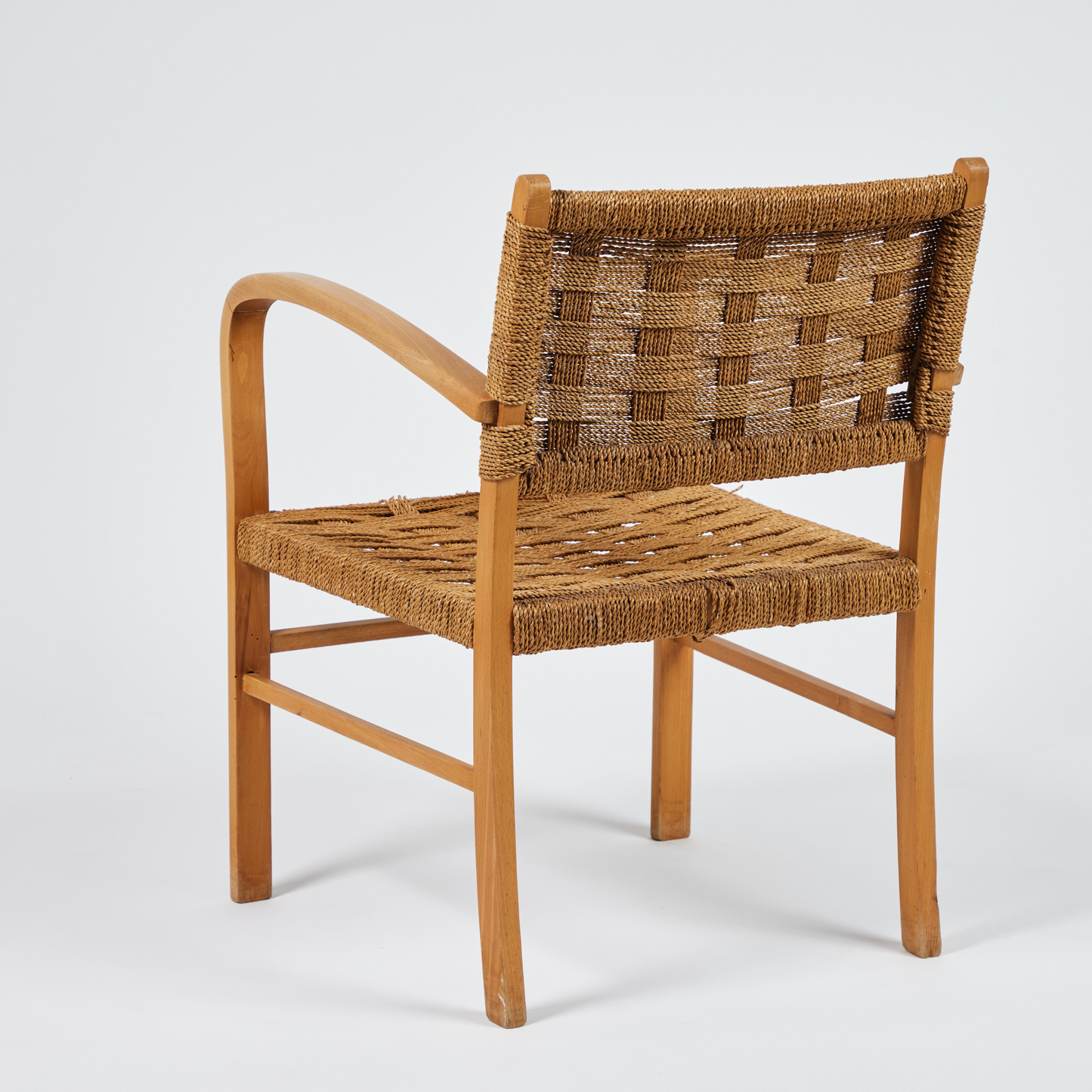 Mid-Century French Oak & Rope Woven Arm Chair