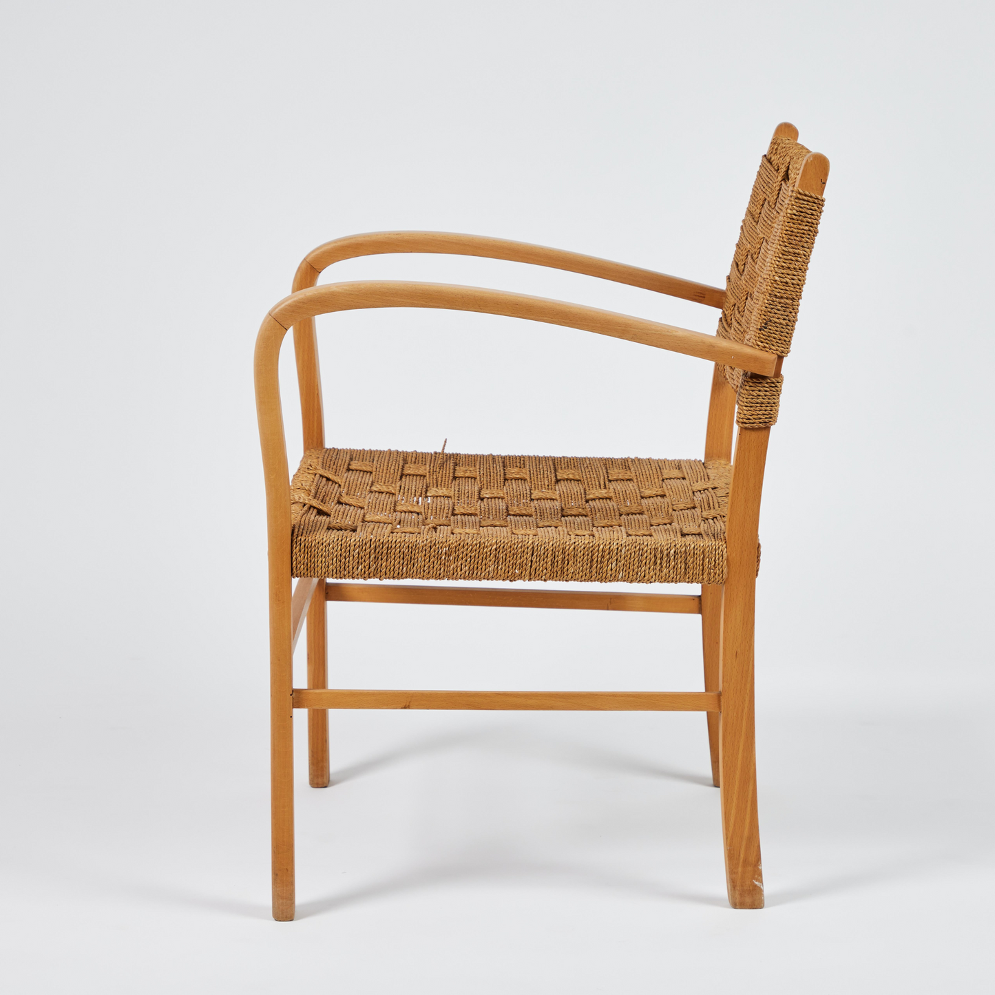 Mid-Century French Oak & Rope Woven Arm Chair