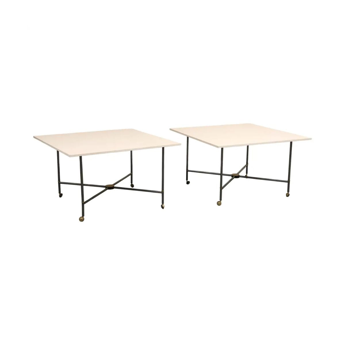 Midcentury Bronze 2-Piece Dining Tables on Casters with Travertine Tops