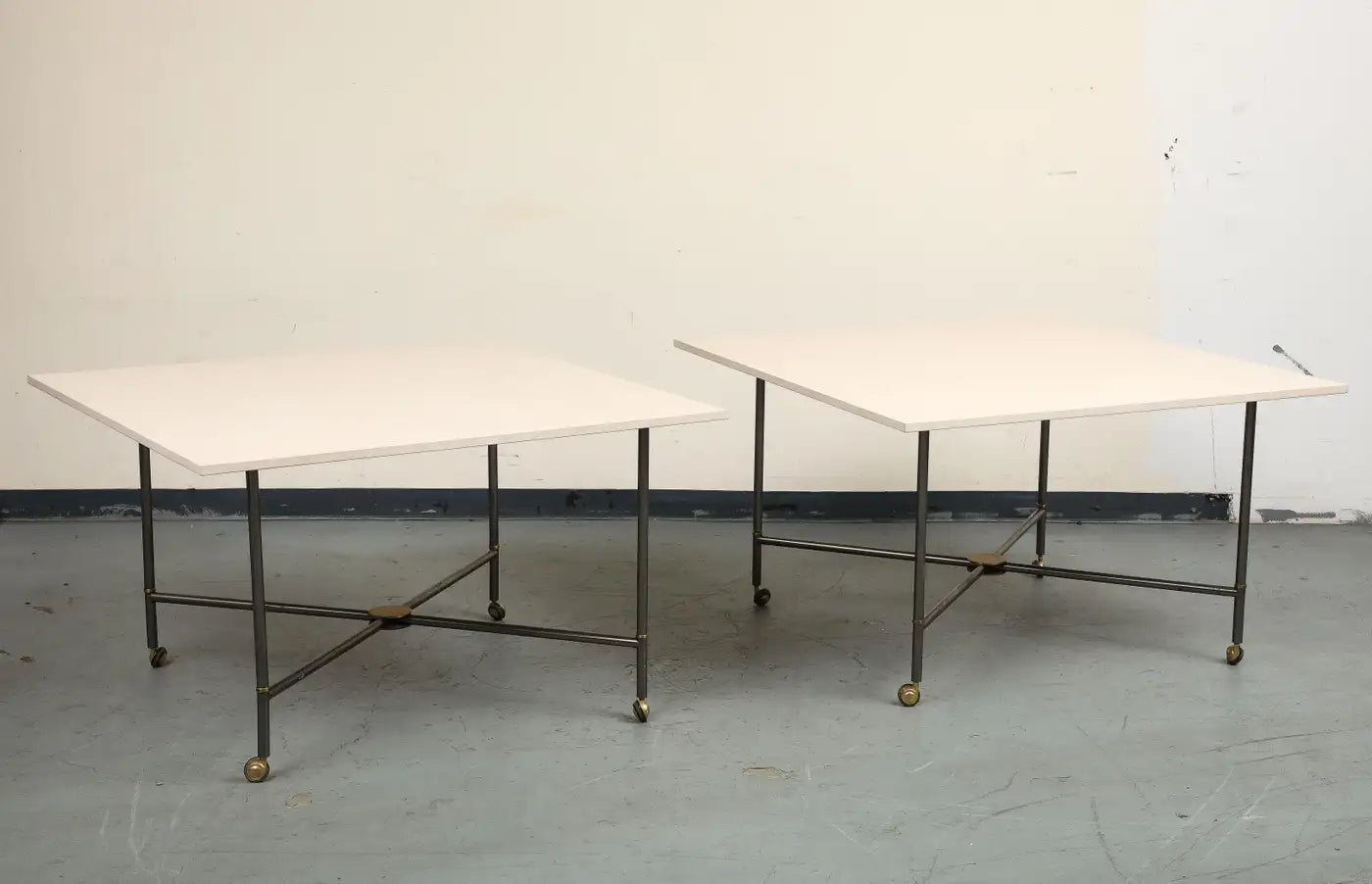 Midcentury Bronze 2-Piece Dining Tables on Casters with Travertine Tops