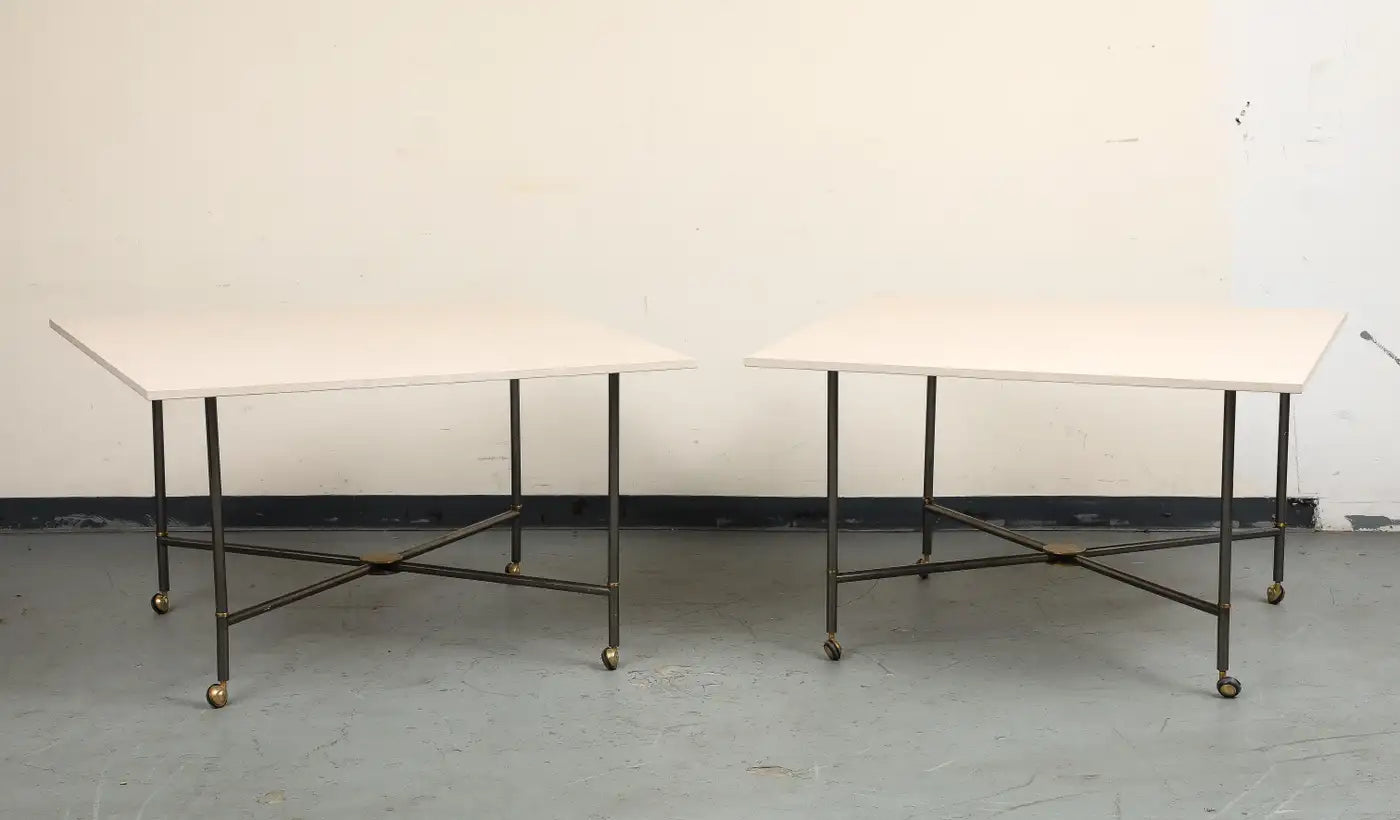 Midcentury Bronze 2-Piece Dining Tables on Casters with Travertine Tops