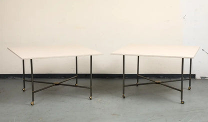 Midcentury Bronze 2-Piece Dining Tables on Casters with Travertine Tops