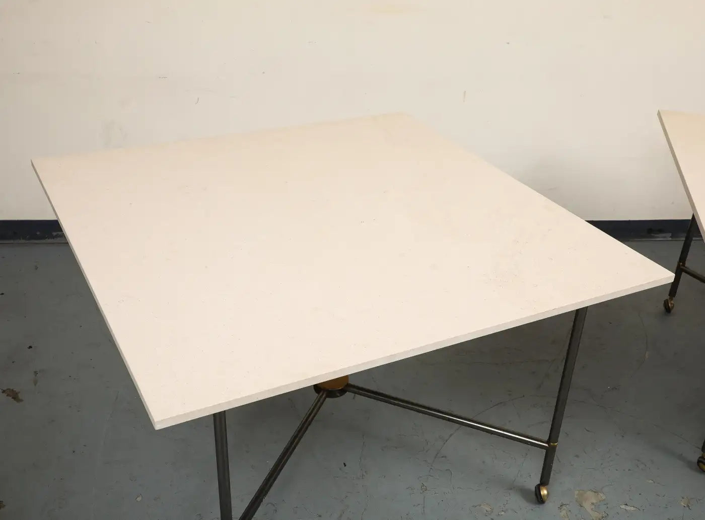Midcentury Bronze 2-Piece Dining Tables on Casters with Travertine Tops