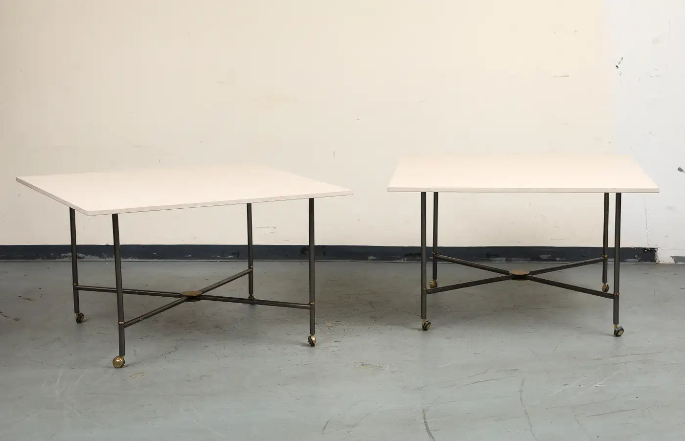 Midcentury Bronze 2-Piece Dining Tables on Casters with Travertine Tops