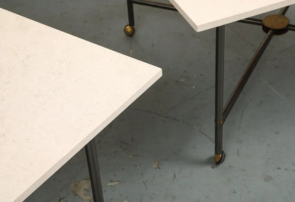 Midcentury Bronze 2-Piece Dining Tables on Casters with Travertine Tops