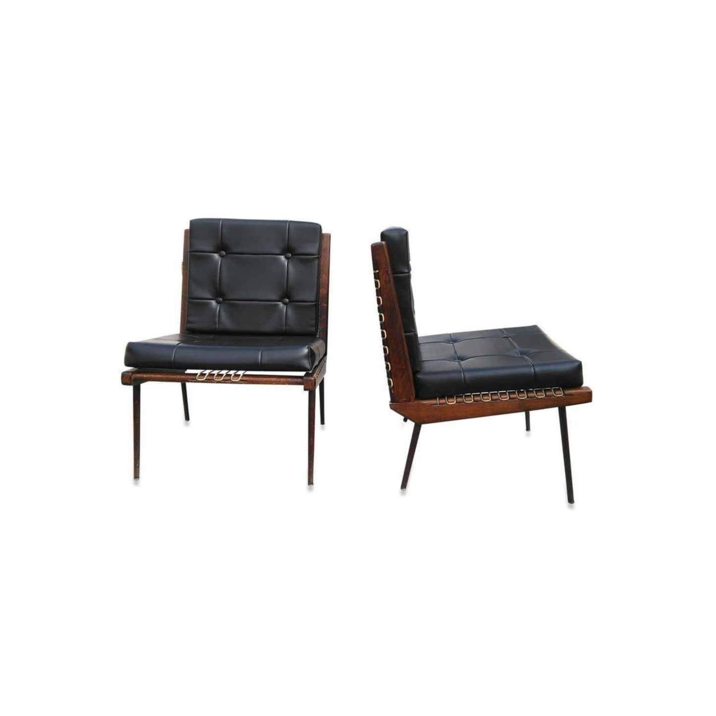 Midcentury French Pair of Teak and Moleskin Lounge Chairs by Georges Tigien