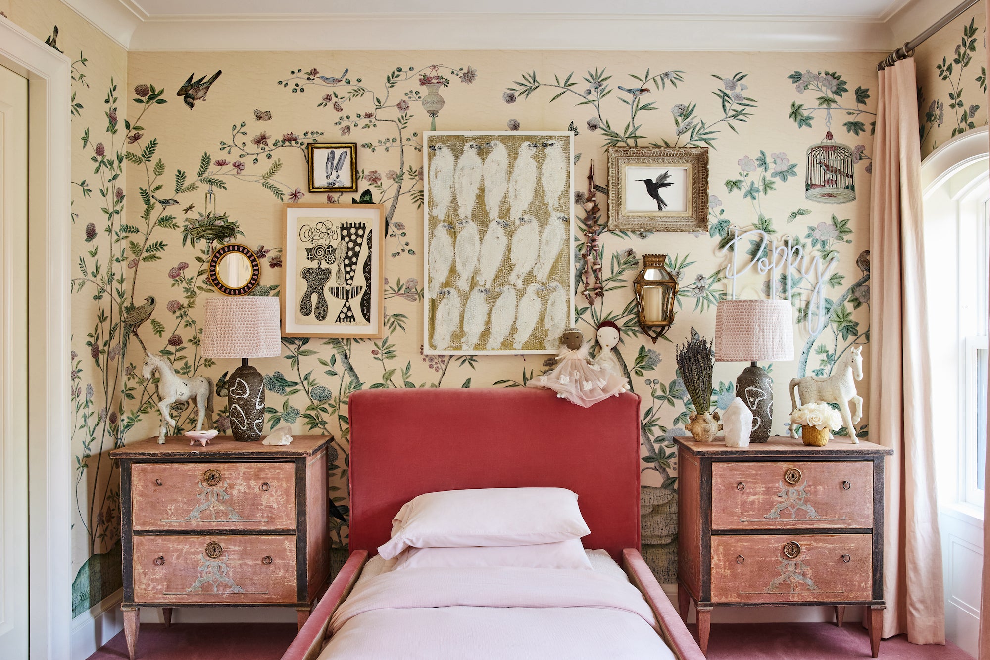 A botanical bedroom for a young girl in a West Village brownstone, designed by Nate Berkus and Jeremiah Brent for their daughter.