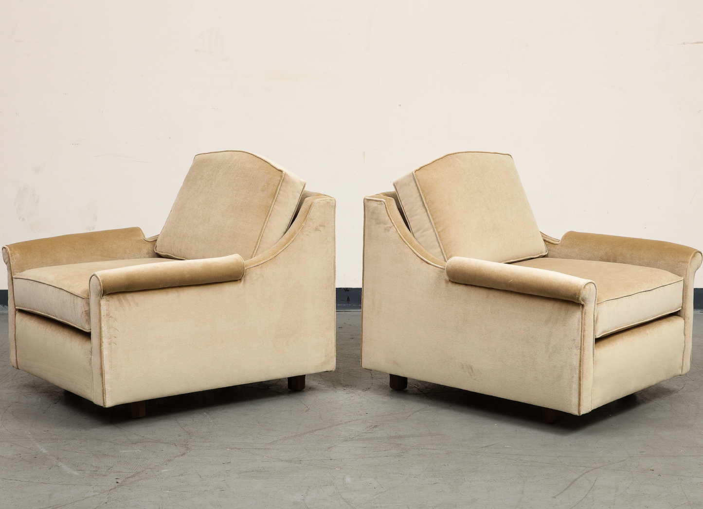 Pair of 1940s Tan Velvet Club Chairs, Newly Upholstered