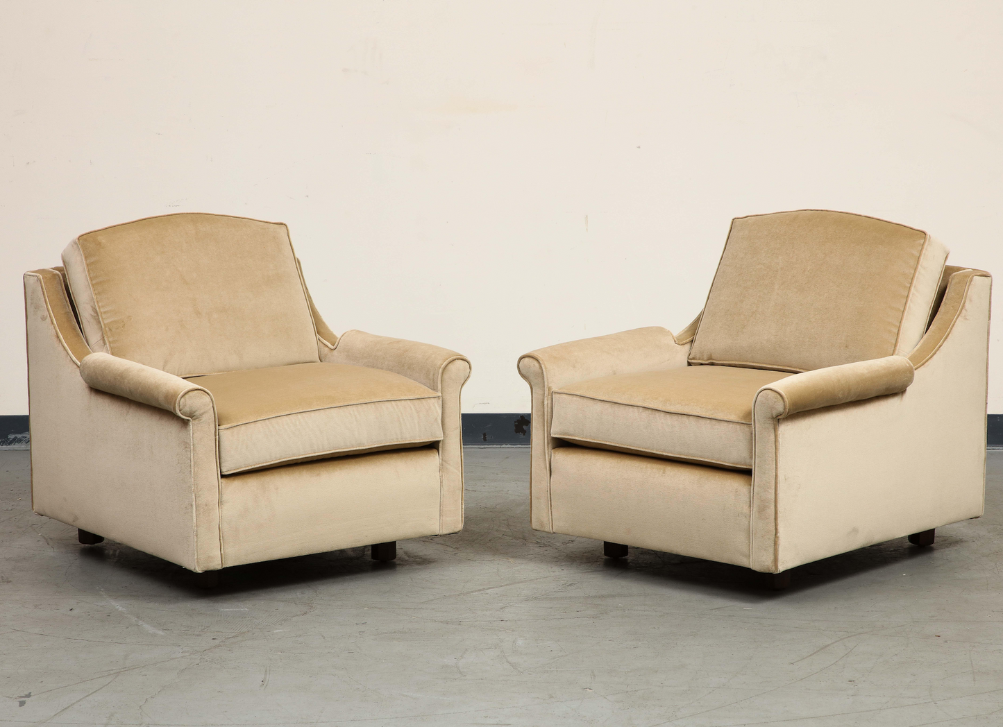 Pair of 1940s Tan Velvet Club Chairs, Newly Upholstered