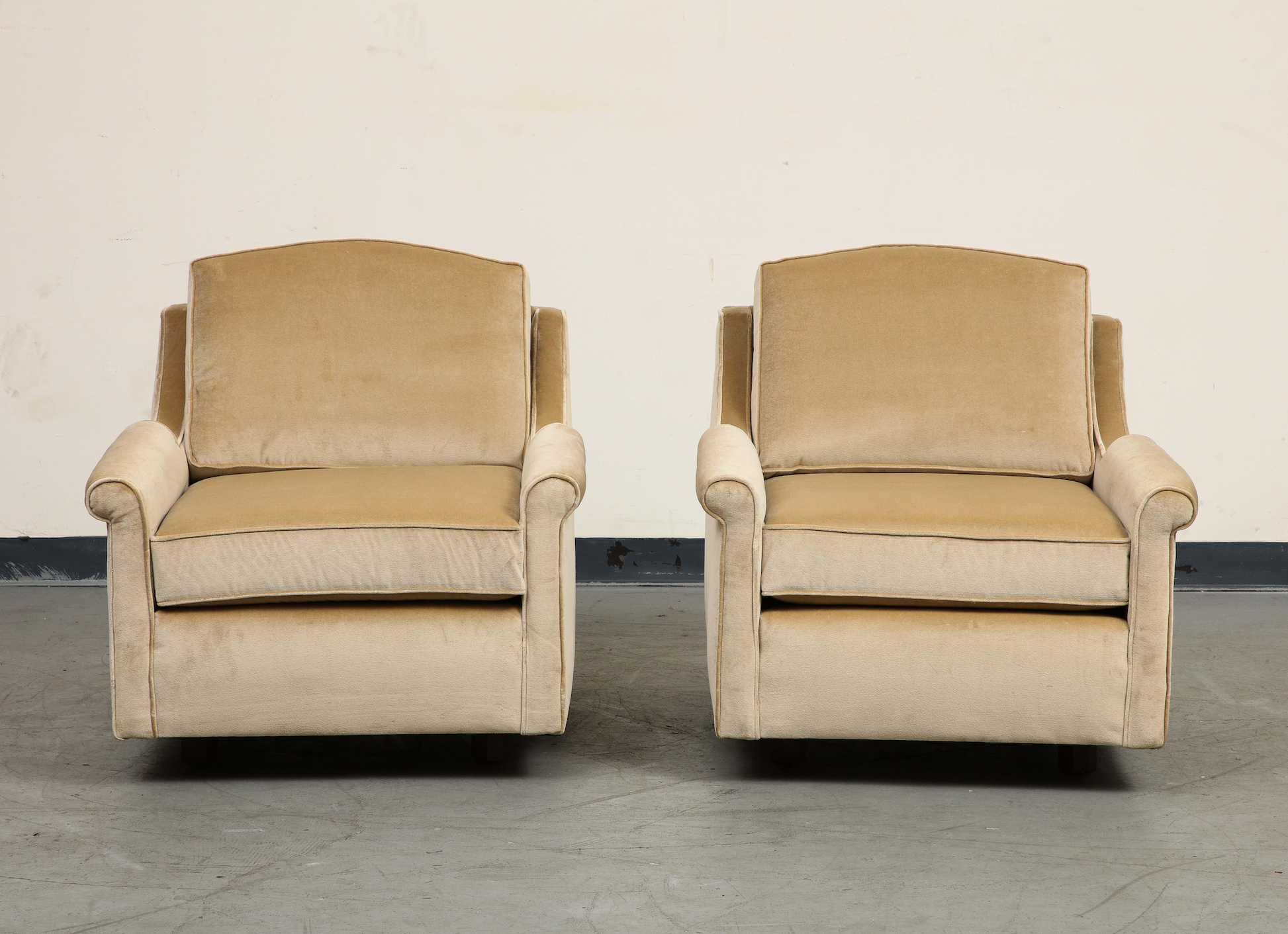 Pair of 1940s Tan Velvet Club Chairs Newly Upholstered Nate Berkus