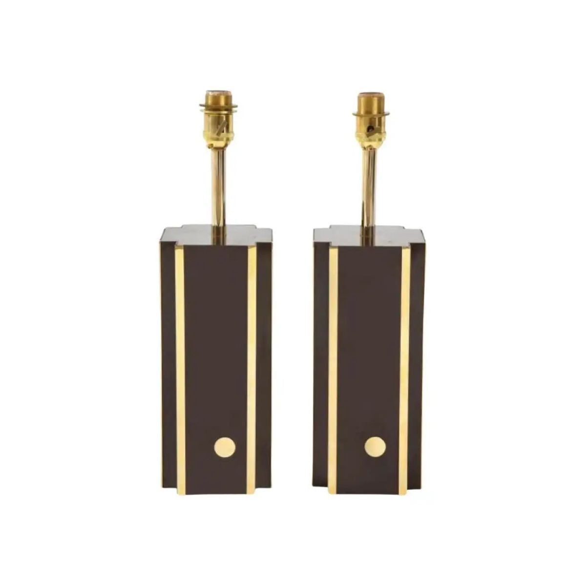 Pair of Deep Brown Laminate Table Lamps with Brass Accents, French 1970s