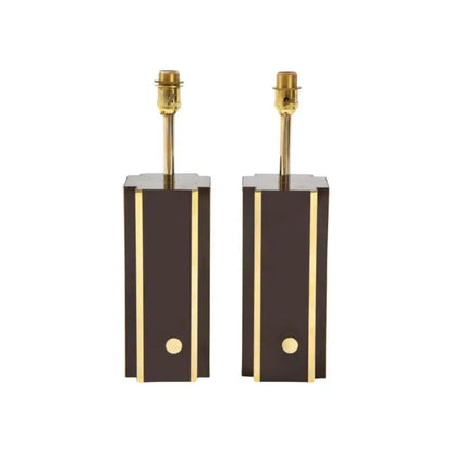 Pair of Deep Brown Laminate Table Lamps with Brass Accents, French 1970s