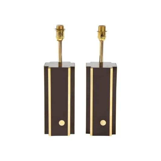 Pair of Deep Brown Laminate Table Lamps with Brass Accents, French 1970s