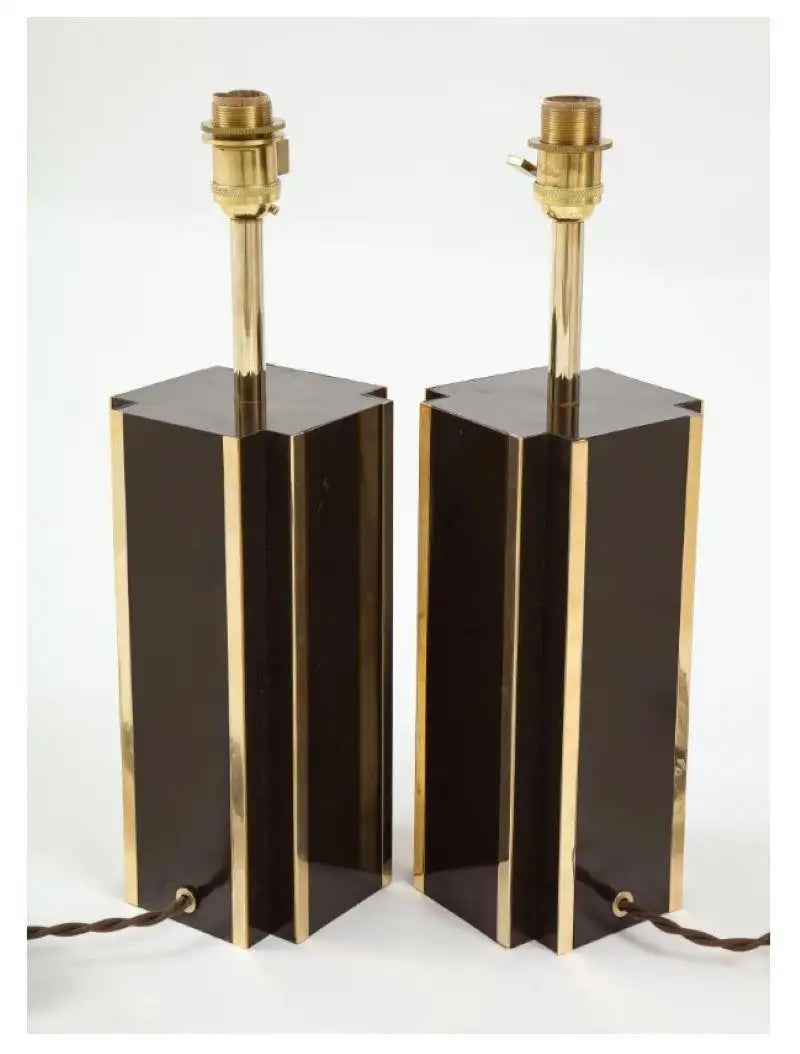 Pair of Deep Brown Laminate Table Lamps with Brass Accents, French 1970s