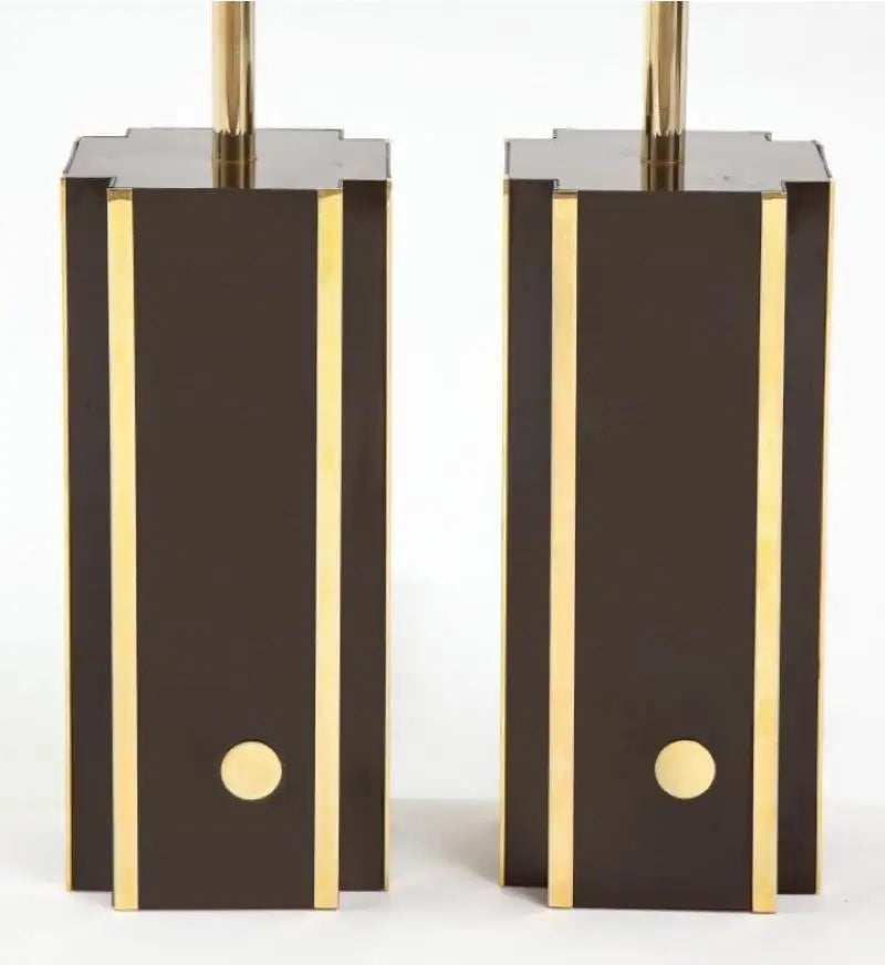 Pair of Deep Brown Laminate Table Lamps with Brass Accents, French 1970s