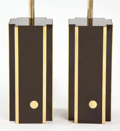 Pair of Deep Brown Laminate Table Lamps with Brass Accents, French 1970s