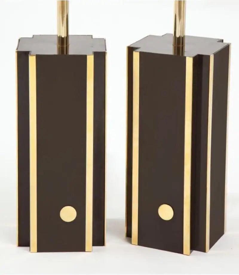 Pair of Deep Brown Laminate Table Lamps with Brass Accents, French 1970s