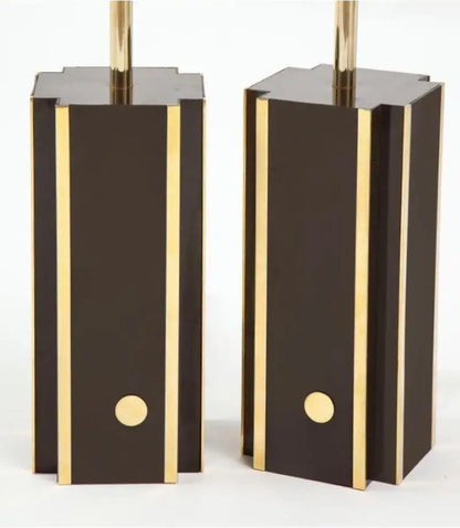 Pair of Deep Brown Laminate Table Lamps with Brass Accents, French 1970s