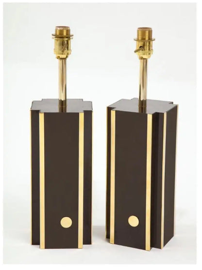 Pair of Deep Brown Laminate Table Lamps with Brass Accents, French 1970s